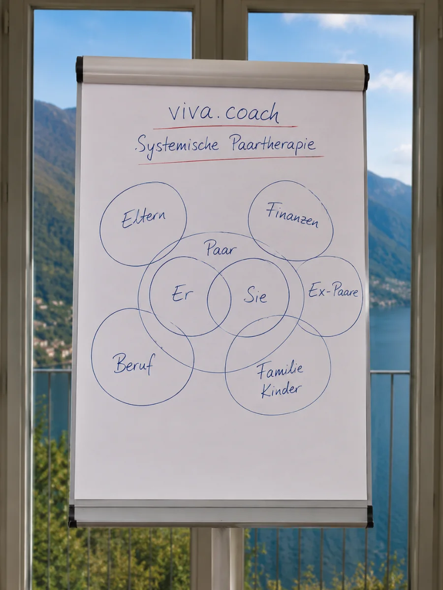 Flipchart mit einer systemischen Skizze: das Paar im Zentrum, umgeben von Eltern, Finanzen, Ex-Paaren, Beruf sowie Familie und Kindern