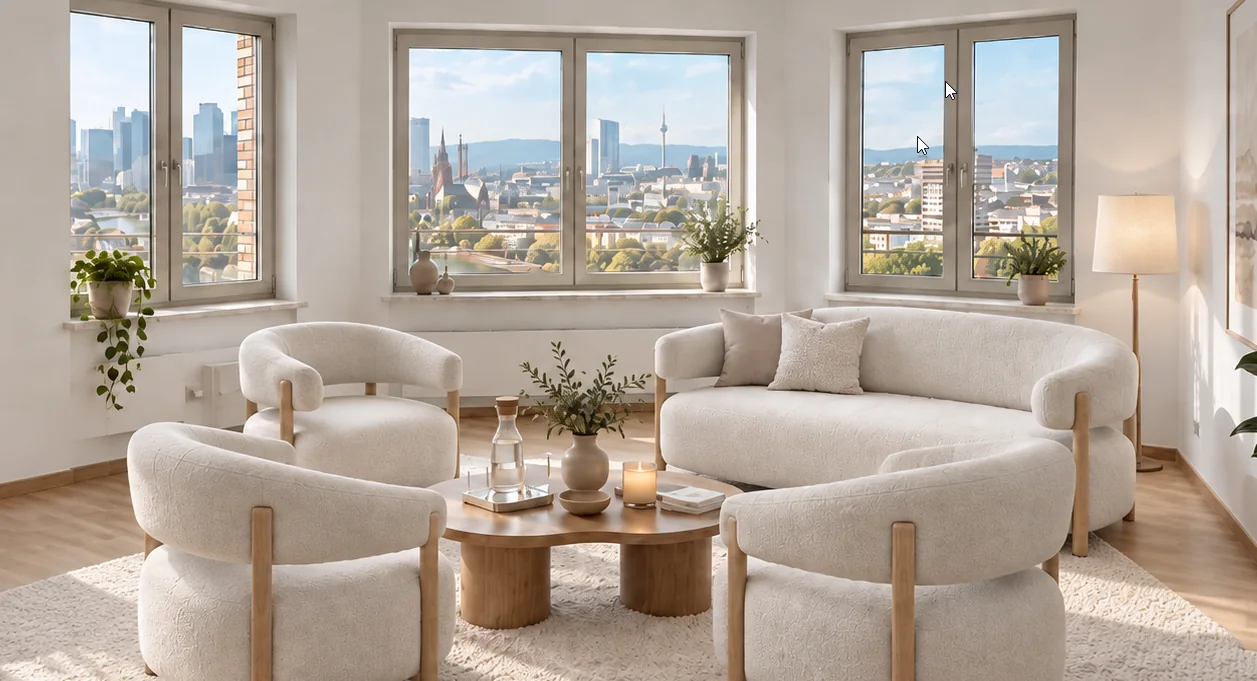 Heller Gesprächsraum mit Blick auf den Main und die Skyline von Frankfurt